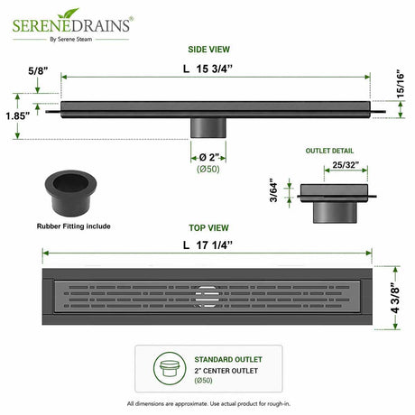 SereneDrains linear shower drain Broken Lane dimensions and outlet detail 16 inch