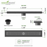 SereneDrains linear shower drain Broken Lane dimensions and outlet detail 24 inch