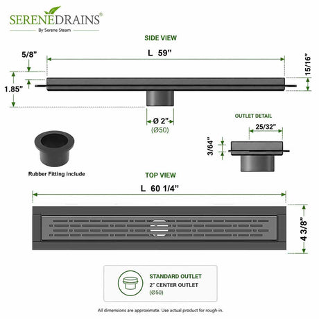 SereneDrains linear shower drain Broken Lane dimensions and outlet detail 59 inch