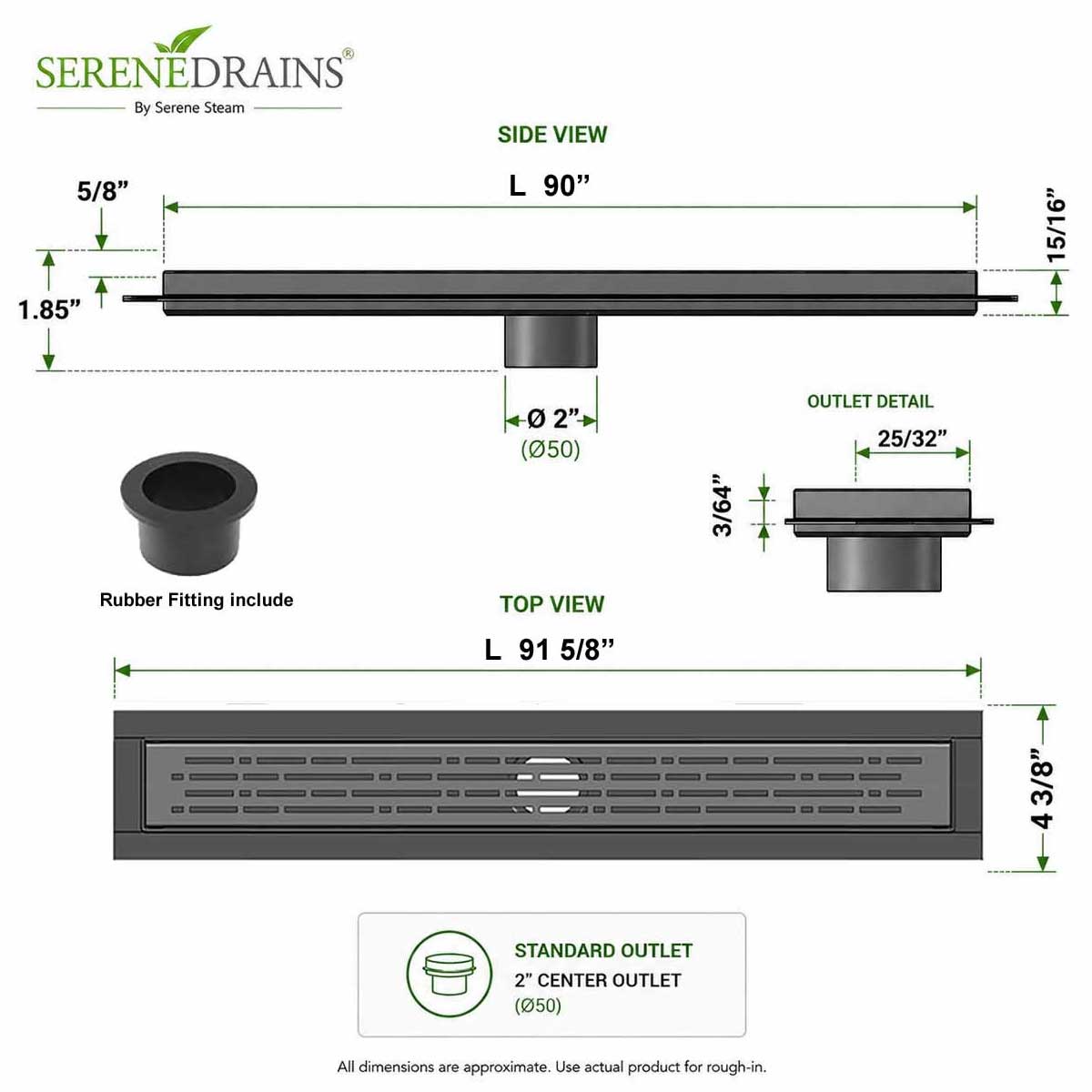 SereneDrains linear shower drain Broken Lane dimensions and outlet detail 90 inch