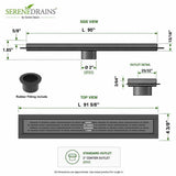 SereneDrains linear shower drain Broken Lane dimensions and outlet detail 90 inch