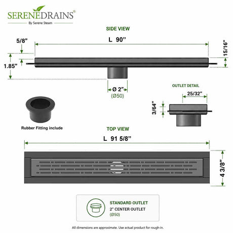 SereneDrains linear shower drain Broken Lane dimensions and outlet detail 90 inch