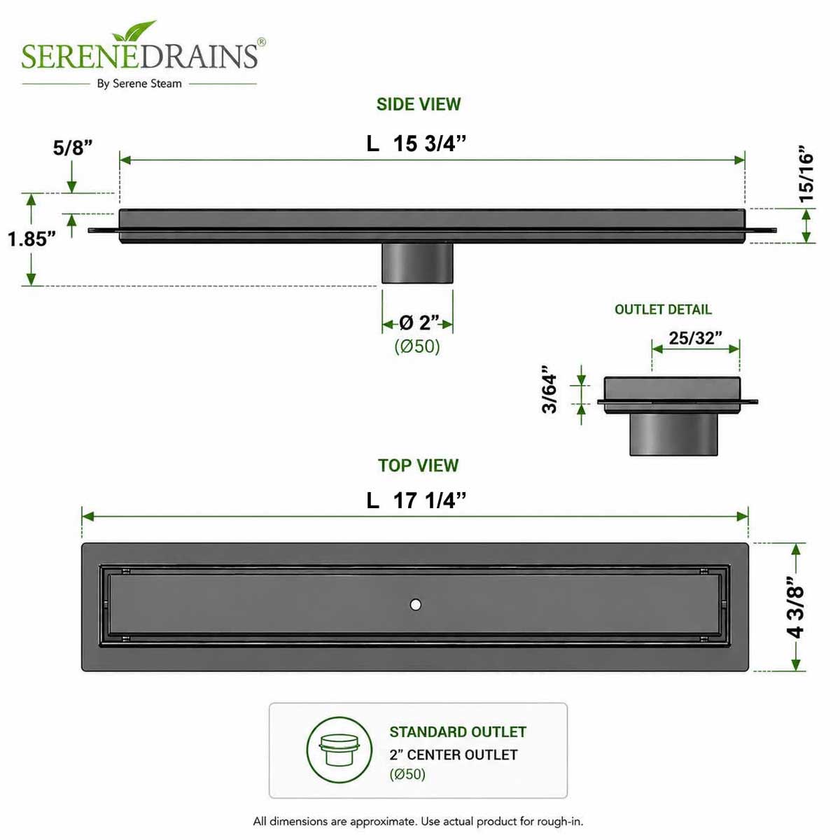 SereneDrains 16 inch linear shower drain dimensions and outlet detail