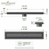 SereneDrains 16 inch linear shower drain dimensions and outlet detail
