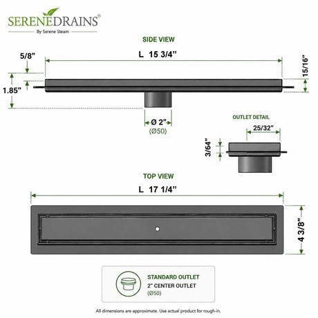 SereneDrains 16 inch linear shower drain dimensions and outlet detail