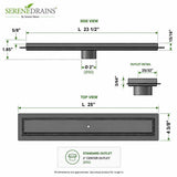SereneDrains 24 inch linear shower drain dimensions and outlet detail