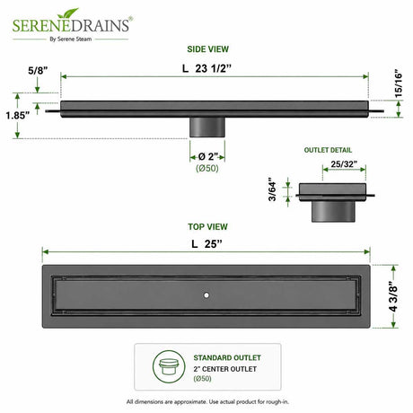 SereneDrains 24 inch linear shower drain dimensions and outlet detail