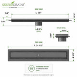 SereneDrains linear shower drain Tile Insert dimensions and outlet detail 30 inch