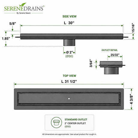 SereneDrains linear shower drain Tile Insert dimensions and outlet detail 30 inch