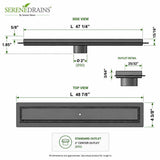 SereneDrains 47 inch linear shower drain dimensions and outlet detail