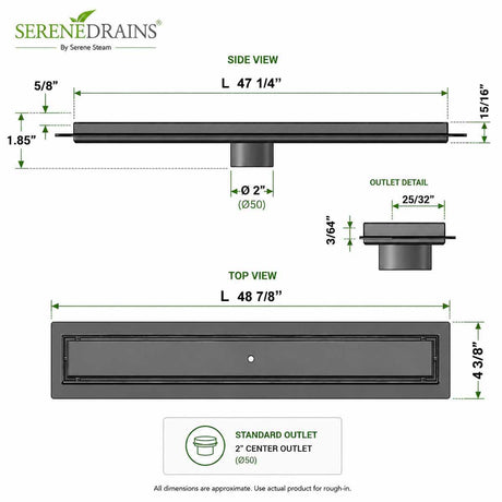 SereneDrains 47 inch linear shower drain dimensions and outlet detail