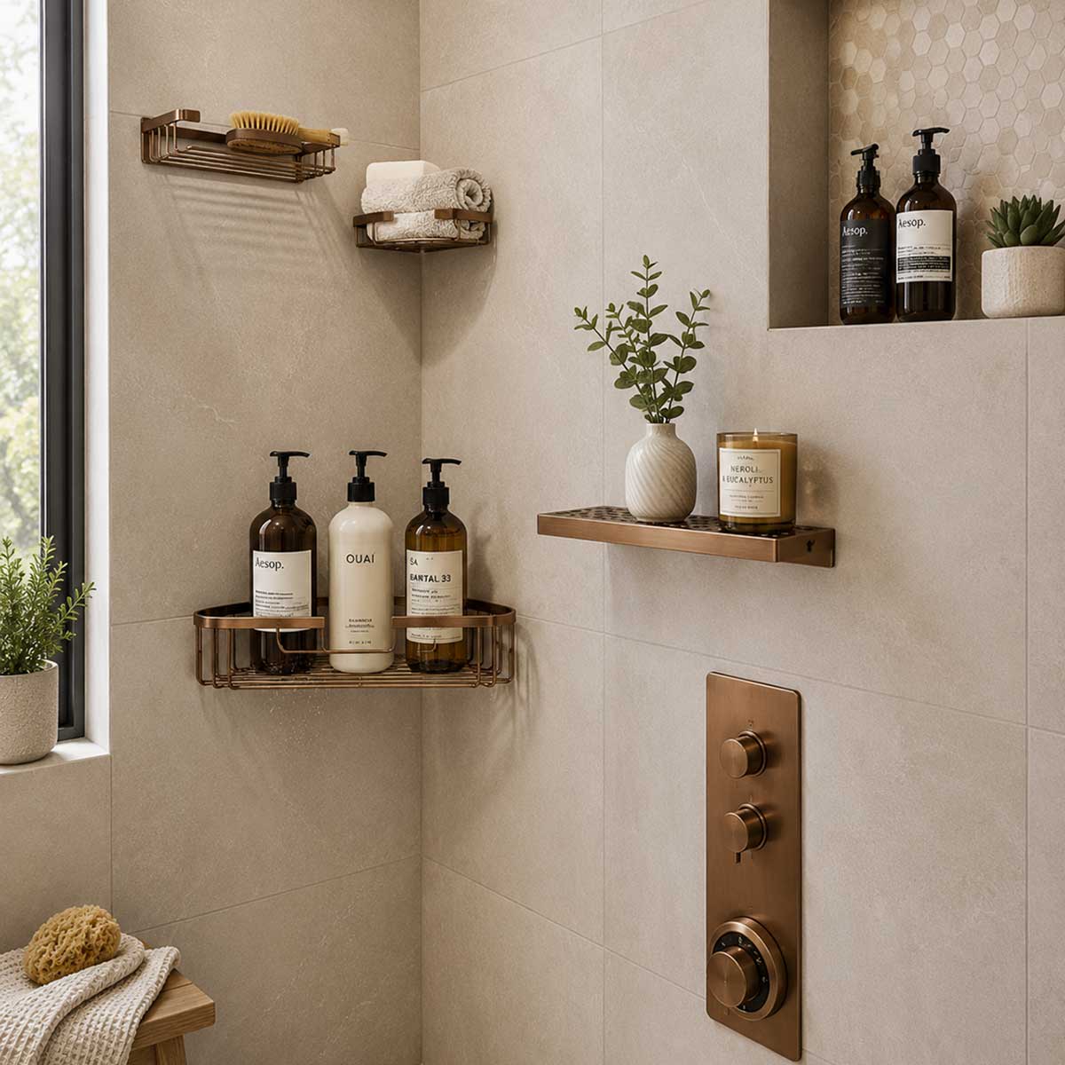 5. Bronze Rectangle Traditional Square shower shelf in contemporary bathroom