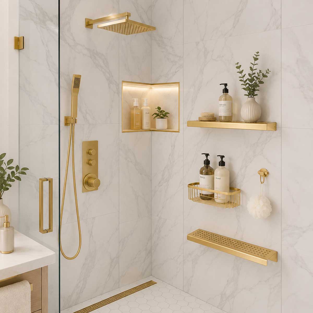 Satin Gold Rectangle stainless steel shower shelf with bathroom accessories
