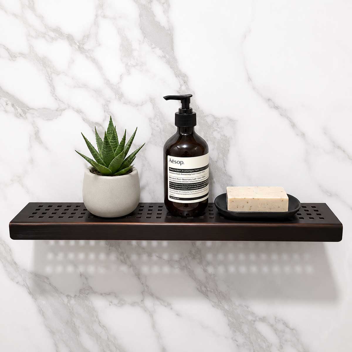 Serene Oil Rubbed Bronze Rectangle shower shelf in a modern bathroom