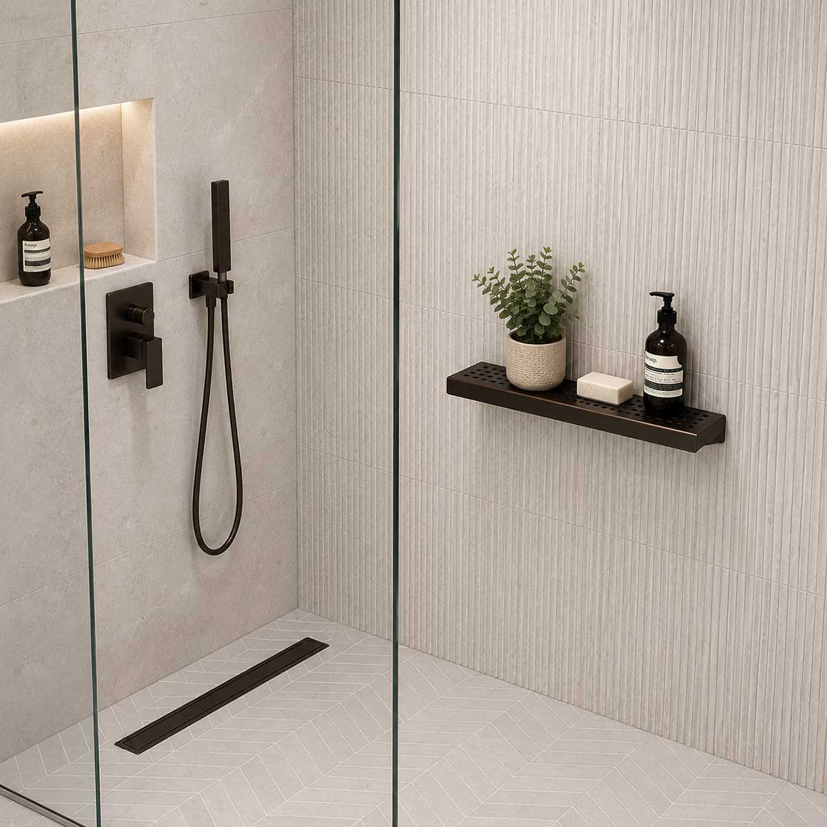Oil Rubbed Bronze Traditional Square shower shelf in a luxury shower
