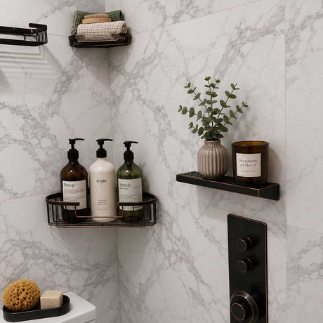 Serene Rectangle shower shelf in Oil Rubbed Bronze finish with shower essentials
