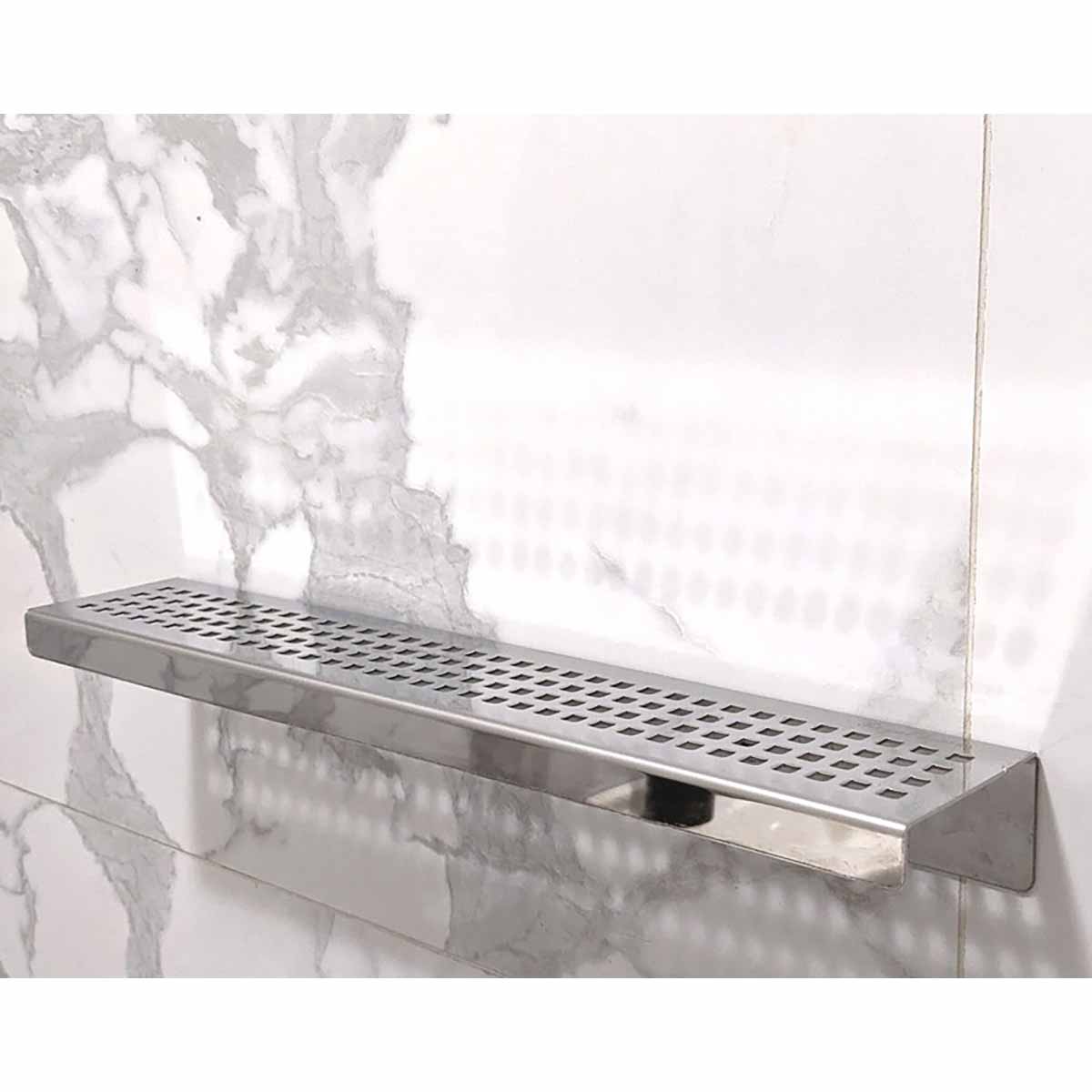 Polished stainless steel rectangular shower shelf for shower storage