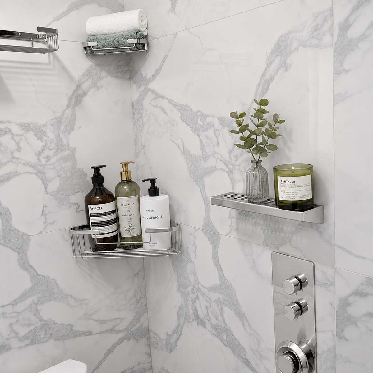 Serene polished Rectangle stainless steel shower shelf installed in bathroom