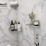 Serene polished Rectangle stainless steel shower shelf installed in bathroom