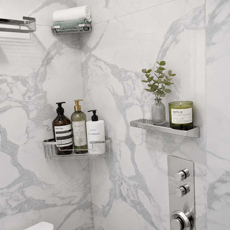 Serene polished Rectangle stainless steel shower shelf installed in bathroom