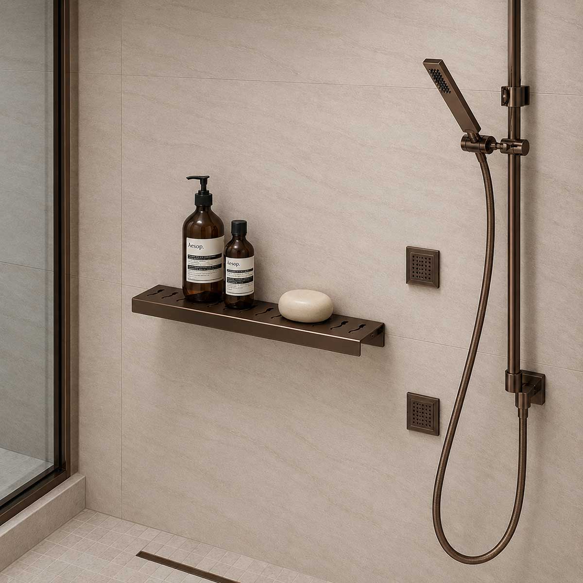 SereneDrains Rectangle shower shelf with Bronze finish and Shower system with linear drain in Bronze