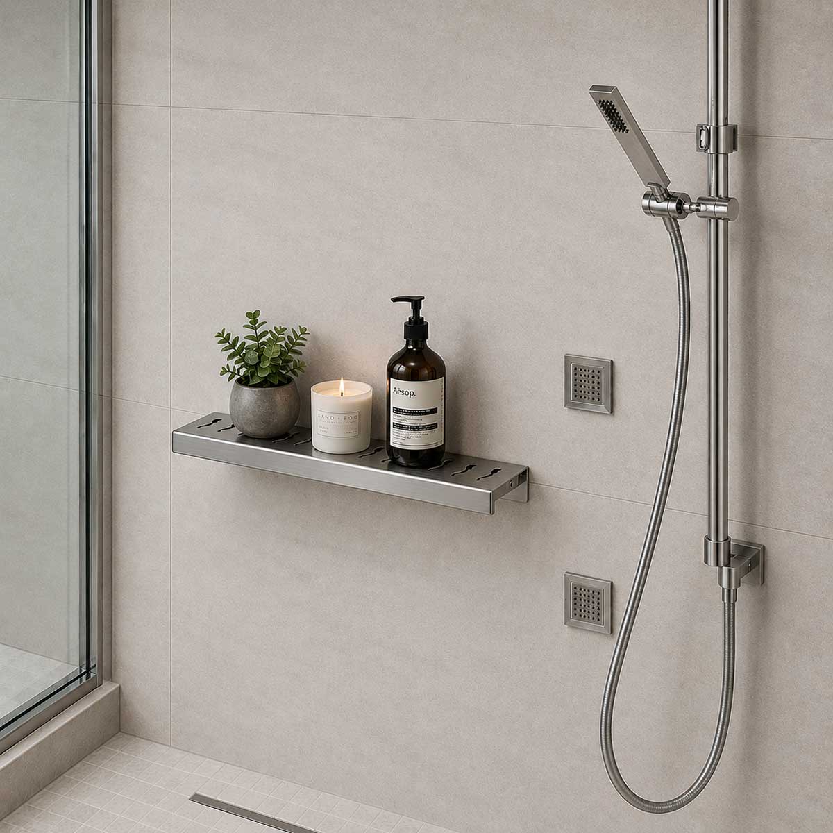 SereneDrains Brushed stainless steel Ocean Wave shower shelf for modern bathroom