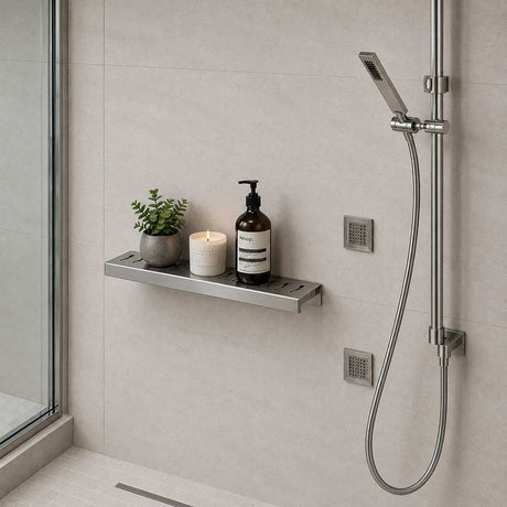 SereneDrains Brushed stainless steel Ocean Wave shower shelf for modern bathroom