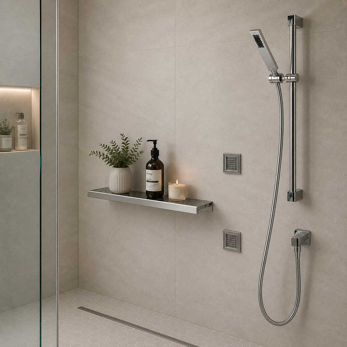 SereneDrains Brushed stainless steel shower shelf for bathroom remodel
