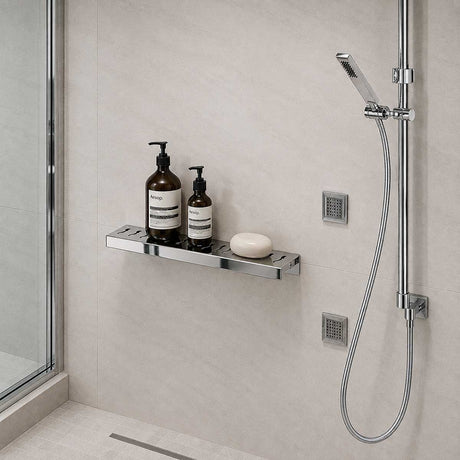 SereneDrains Polished stainless steel rectangle shower shelf for tile shower