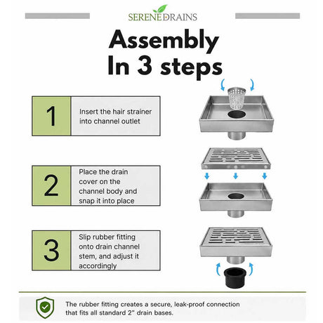 SereneDrains square shower drain 3-step assembly guide