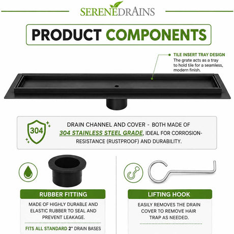 SereneDrains black tile insert linear shower drain product components
