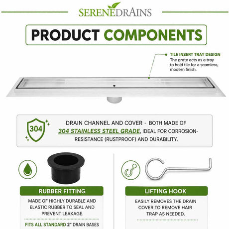 SereneDrains brushed tile insert linear shower drain product components