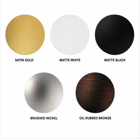 SereneDrains shower drain tile insert finish colors including Satin Gold, Matte White, Matte Black, Brushed Nickel and Oil Rubbed Bronze