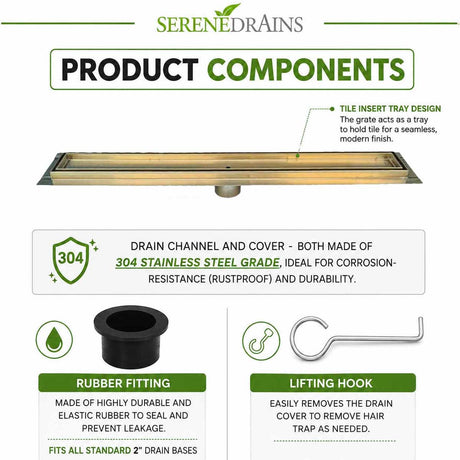 SereneDrains Gold tile insert linear shower drain product components
