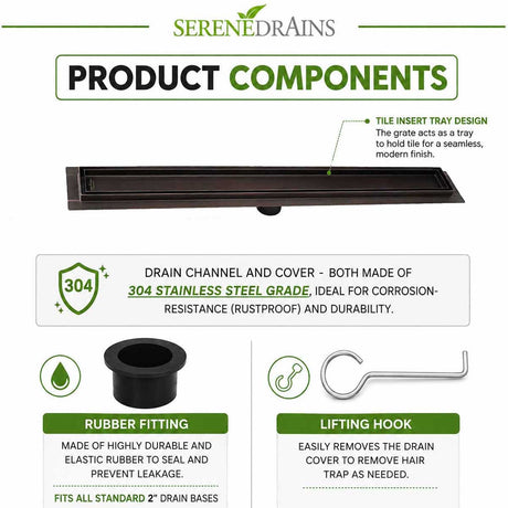 SereneDrains Oil rubbed Bronze tile insert linear shower drain product components