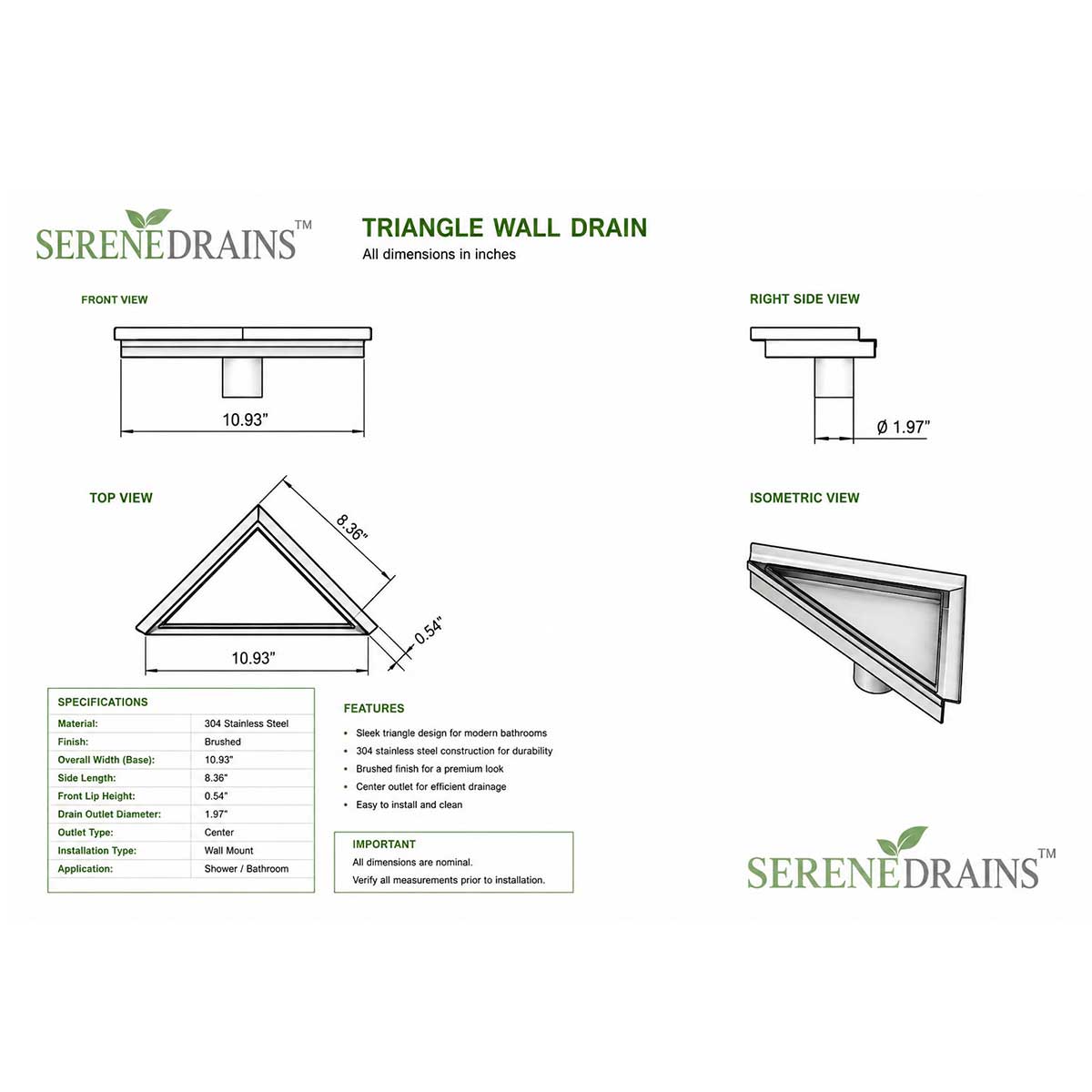 Triangle shower floor drain technical drawing with dimensions and specifications