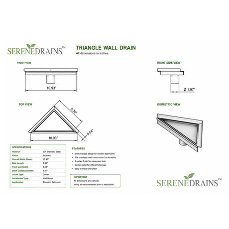Triangle shower floor drain technical drawing with dimensions and specifications