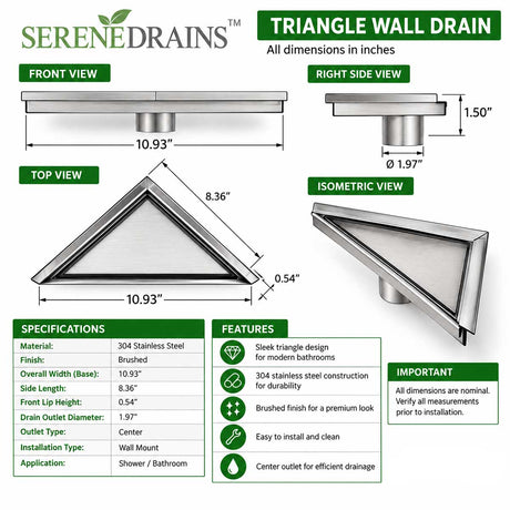 Triangle shower floor drain technical drawing with dimensions and specifications