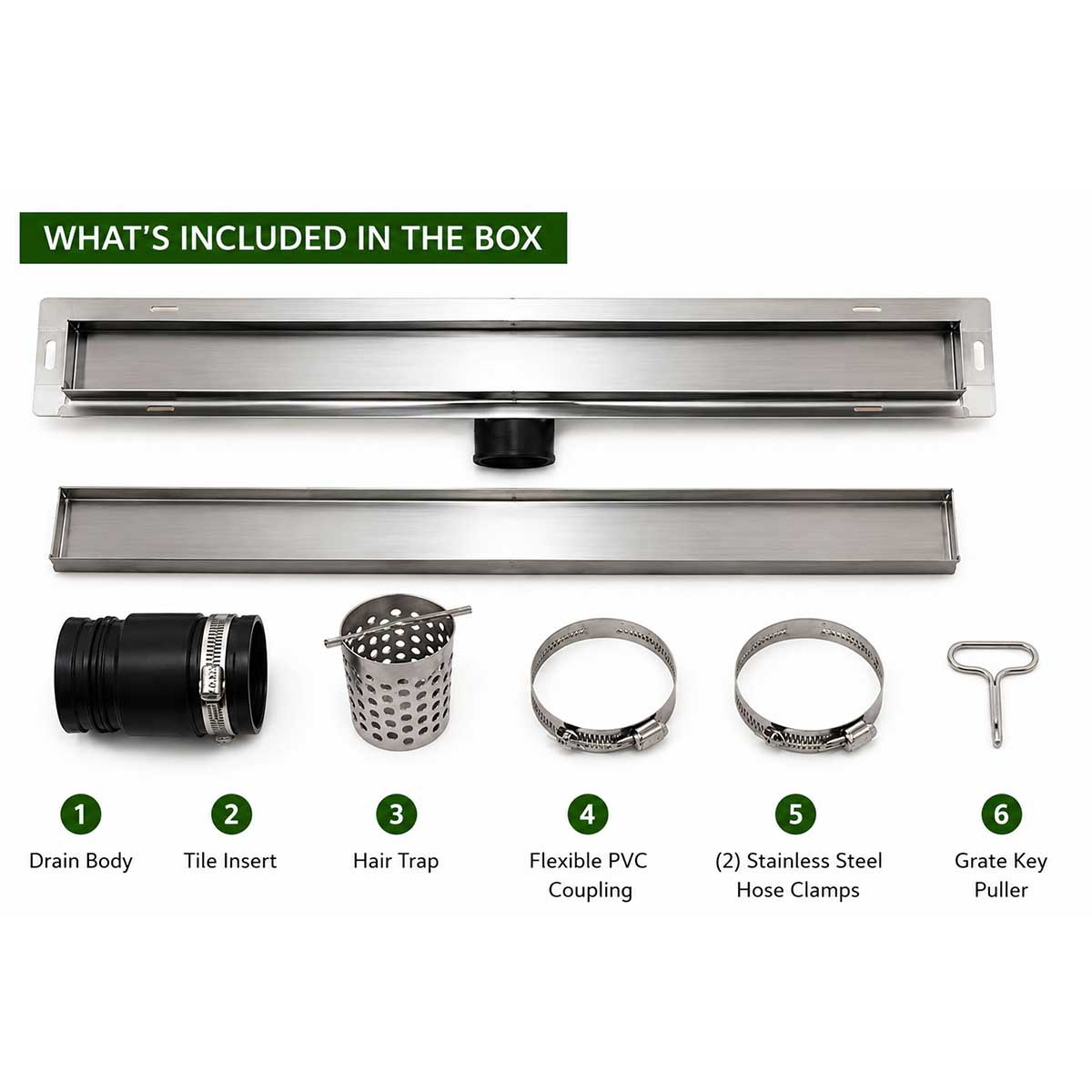 SereneDrains wall mounted linear shower drain with removable tile insert what's in the box