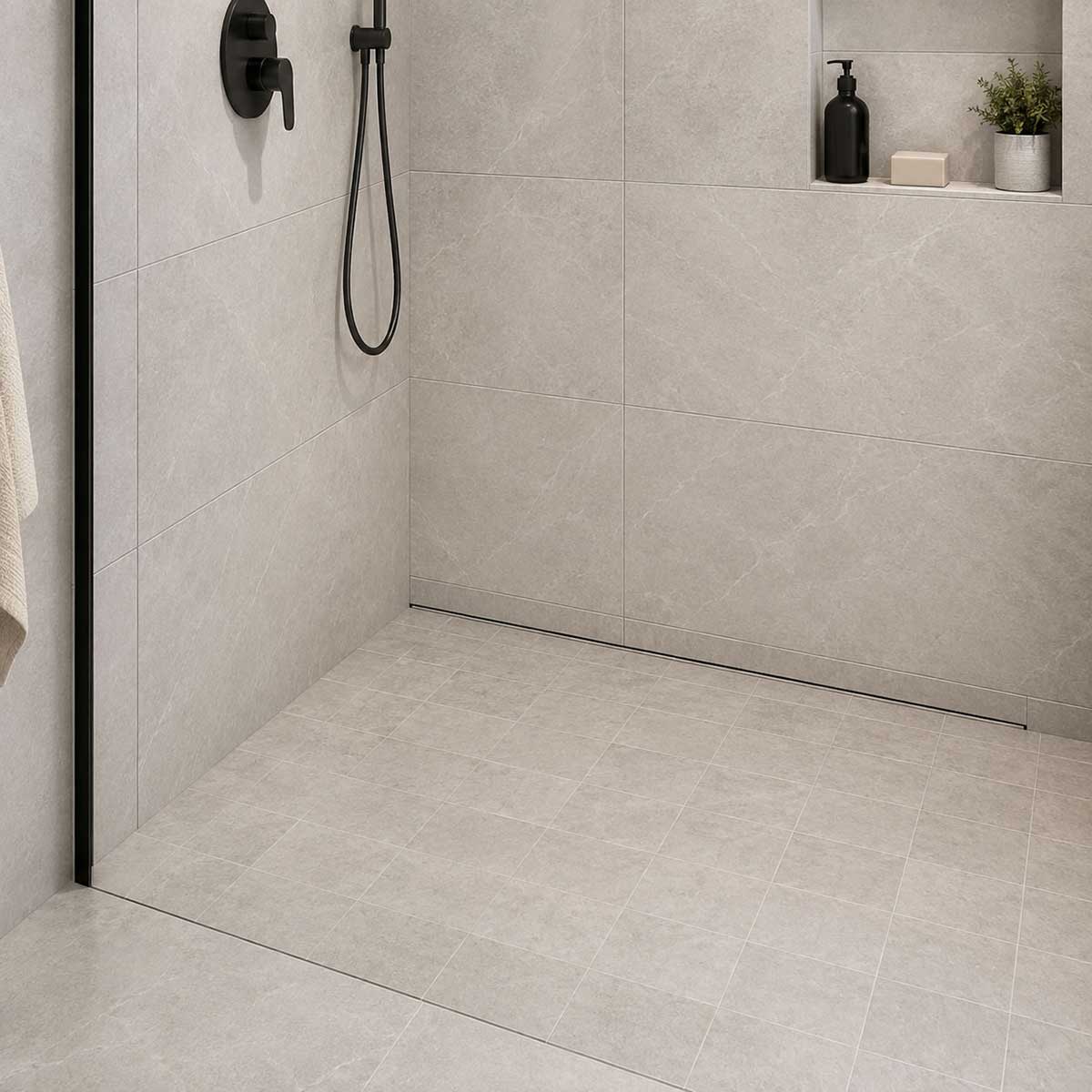 Brushed 304 stainless steel SereneDrains wall linear drain for shower installation