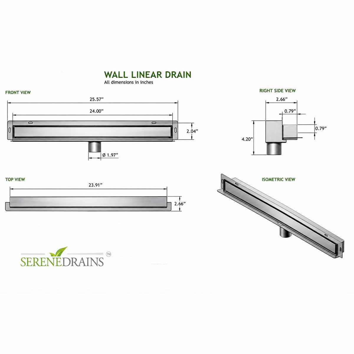 SereneDrains 24 inch wall linear shower drain dimensions and specifications diagram