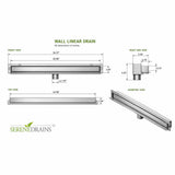 SereneDrains 35 inch wall linear shower drain dimensions and specifications diagram
