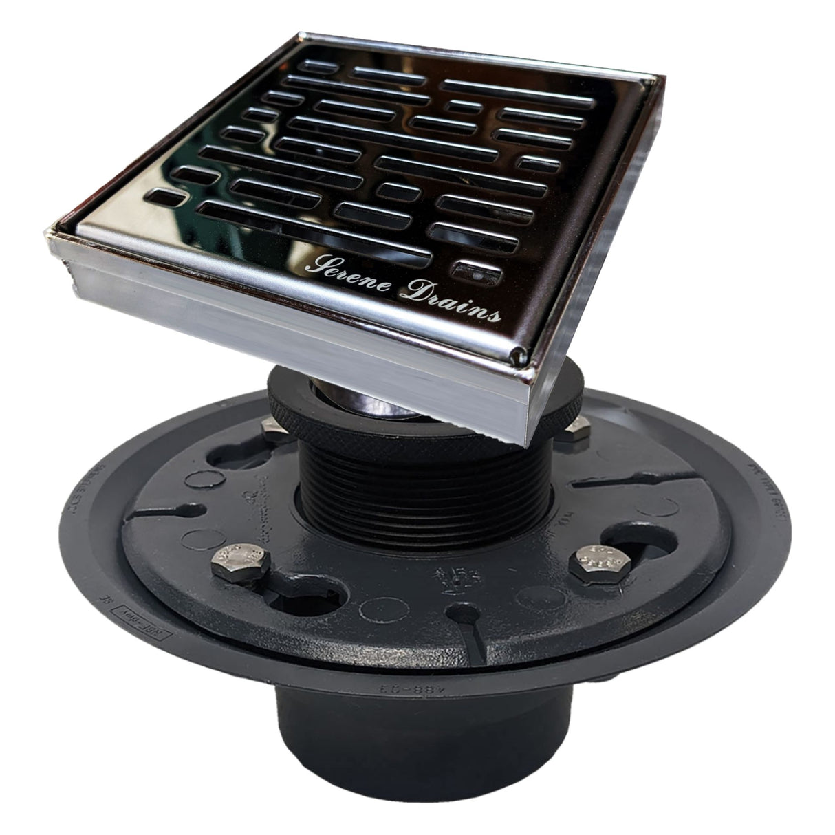 SereneDrains Square Shower Drain Kit with Base - Broken Lane - Polished Chrome - 4 Inch