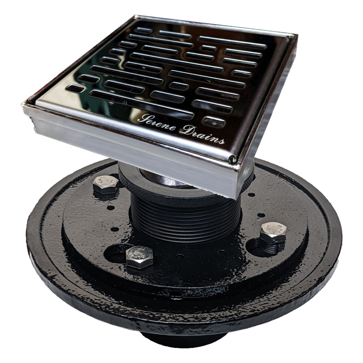 SereneDrains Square Shower Drain Kit with Base - Broken Lane - Polished Chrome - 4 Inch