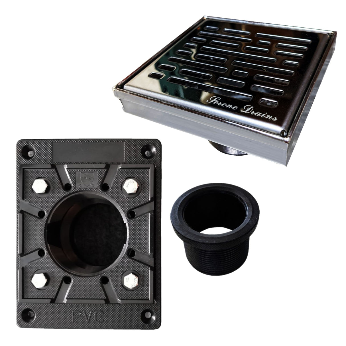 SereneDrains Square Shower Drain Kit with Base - Broken Lane - Polished Chrome - 4 Inch