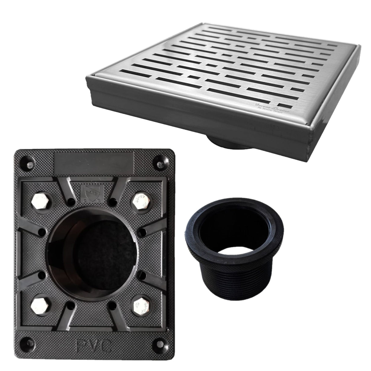 SereneDrains Square Shower Drain Kit with Base - Broken Lane - Brushed Nickel - 6 Inch