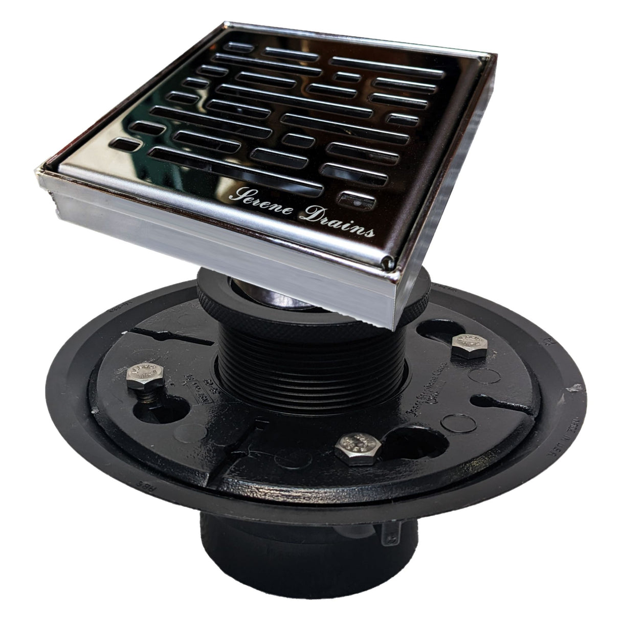 SereneDrains Square Shower Drain Kit with Base - Broken Lane - Polished Chrome - 4 Inch
