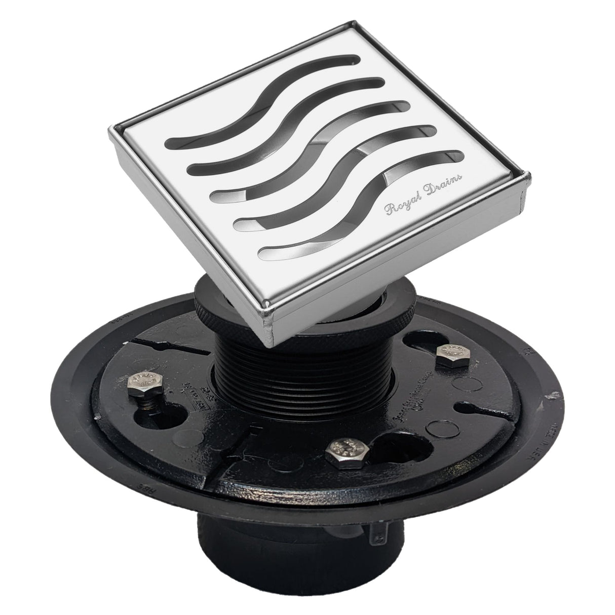 SereneDrains Square Shower Drain Kit with Base - Ocean Wave - Polished Chrome - 4 Inch