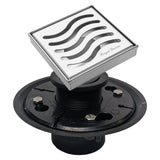 SereneDrains Square Shower Drain Kit with Base - Ocean Wave - Polished Chrome - 4 Inch