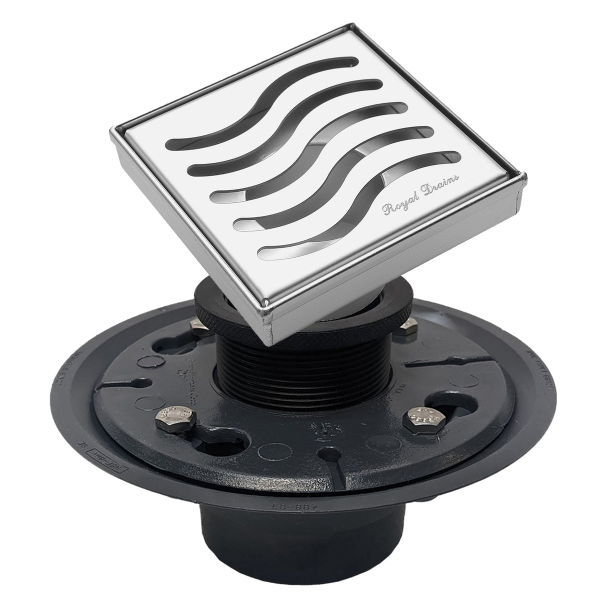 SereneDrains Square Shower Drain Kit with Base - Ocean Wave - Polished Chrome - 4 Inch